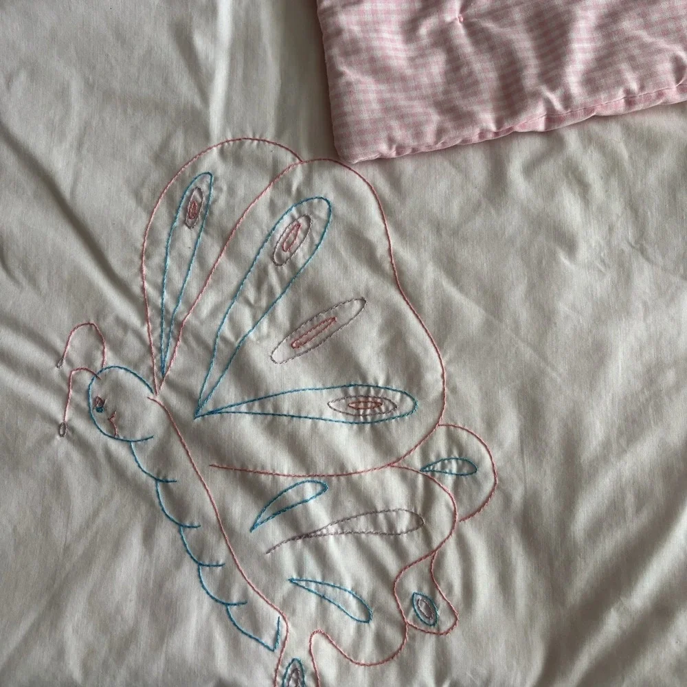 Vtg Hand-Embroidered Blanket Butterfly Quilt‎ Pink Blue White Gingham Tied Solid